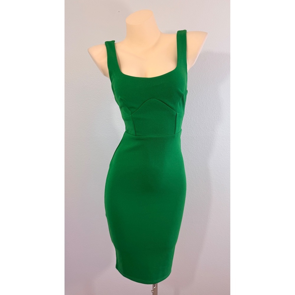 Here Comes The Sun Kelly Green Bodycon Cocktail Midi Dress Small - Picture 3 of 9
